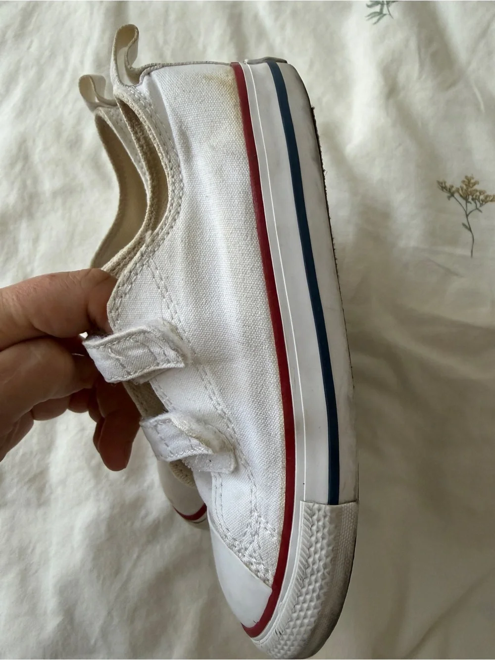 Converse Kids White Canvas Velcro Sneakers with Red Trim